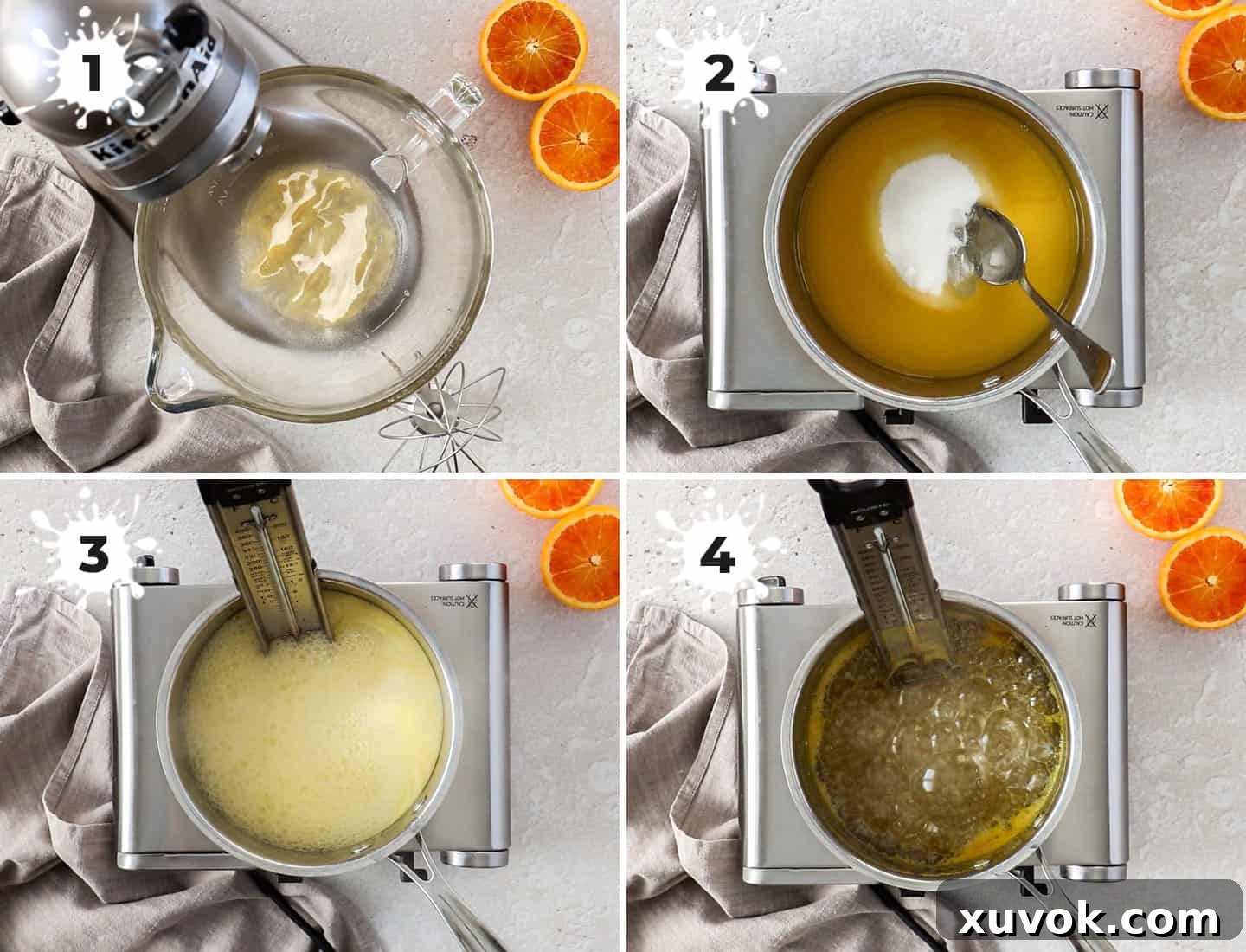 A four-image collage demonstrating the initial stages of marshmallow syrup preparation: blooming gelatin, combining ingredients in a saucepan, the syrup boiling, and the large, clear bubbles indicating readiness.