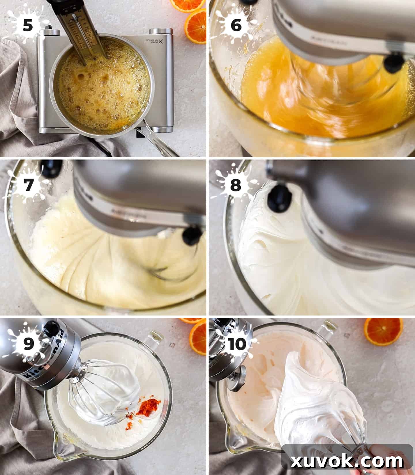 A six-image collage illustrating the various stages of marshmallow mixing in a stand mixer, from the initial liquid syrup and gelatin mixture to the final voluminous, white, and fluffy marshmallow.