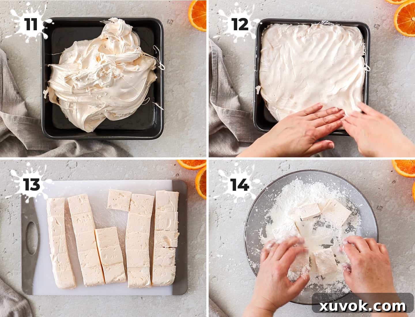 A four-image collage illustrating the final steps of marshmallow preparation: scraping into a greased tin, flattening with damp hands, cutting into squares, and dusting with powdered sugar.