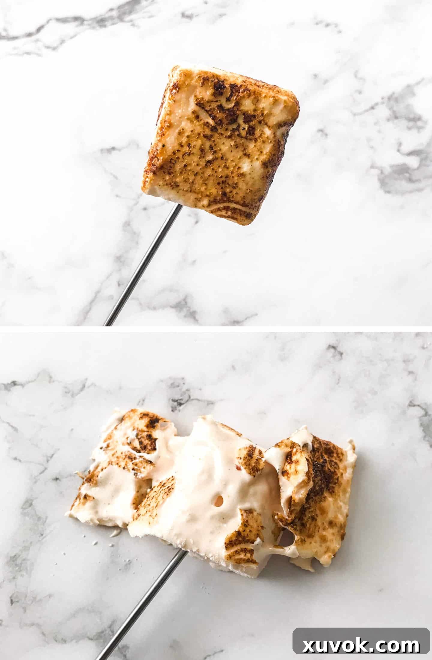A toasted marshmallow, artfully smashed open to reveal its gooey, melted interior, emphasizing its perfect texture for s'mores.