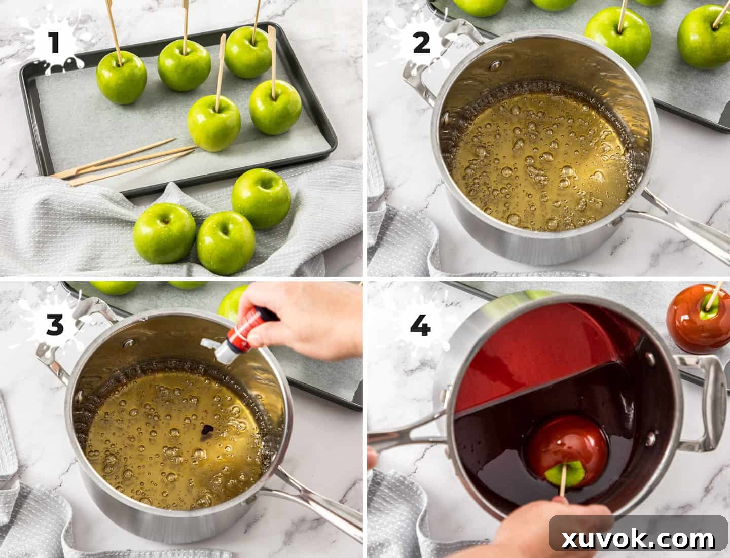 A collage of 4 images showing how to make toffee apples.