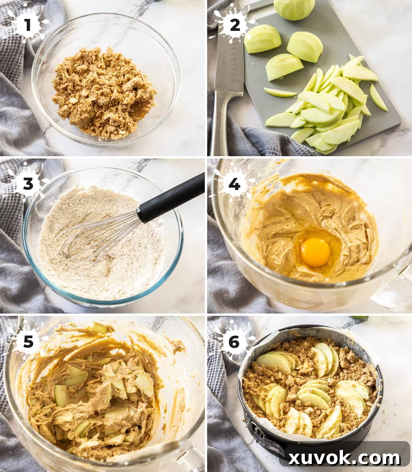 A visual step-by-step guide showing six stages of making apple crumb cake, from mixing ingredients to assembling the layers and preparing for baking.