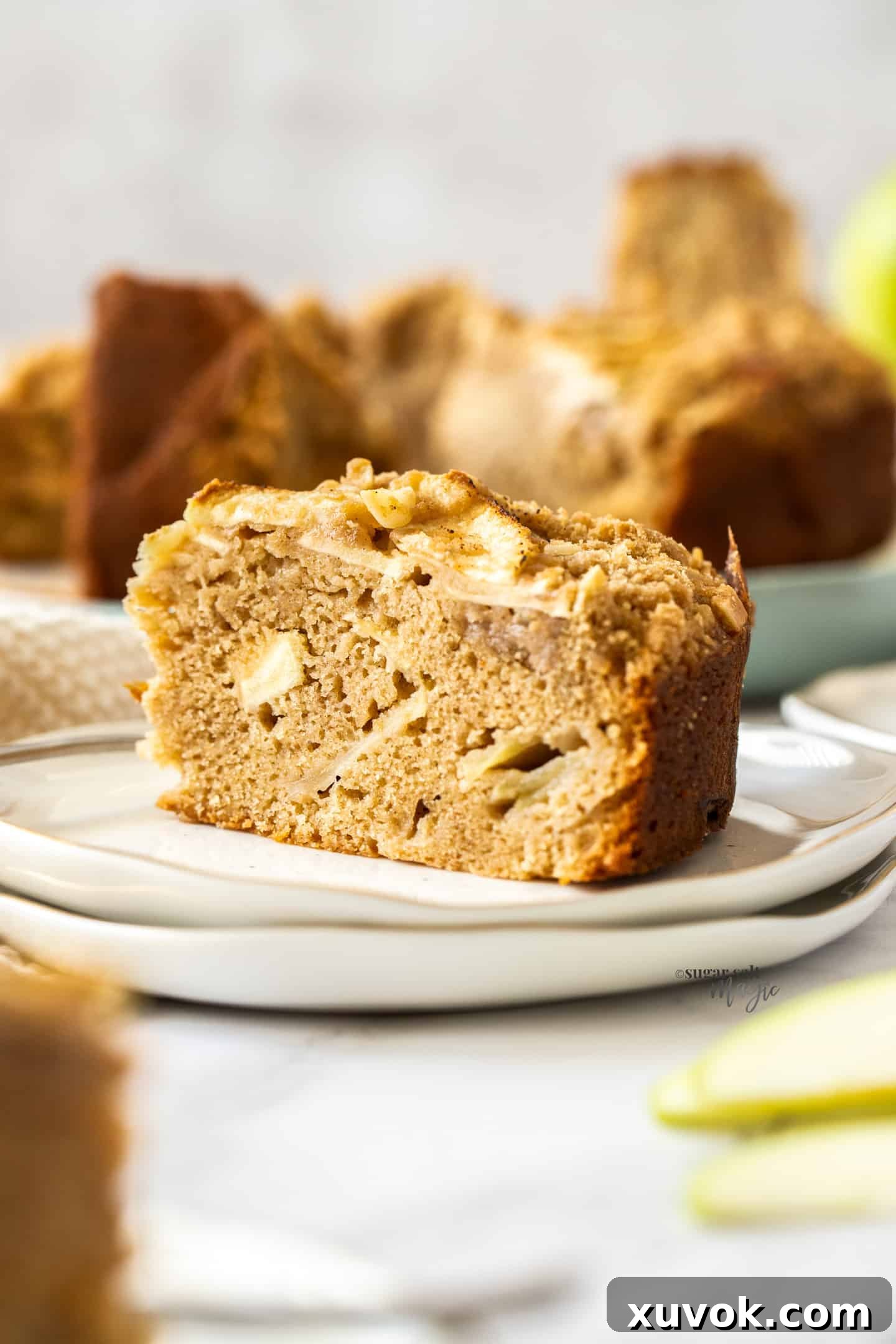 A close-up shot of a slice of Cinnamon Apple Crumb Cake on a white plate, highlighting the moist interior, visible apple chunks, and rustic crumb topping.