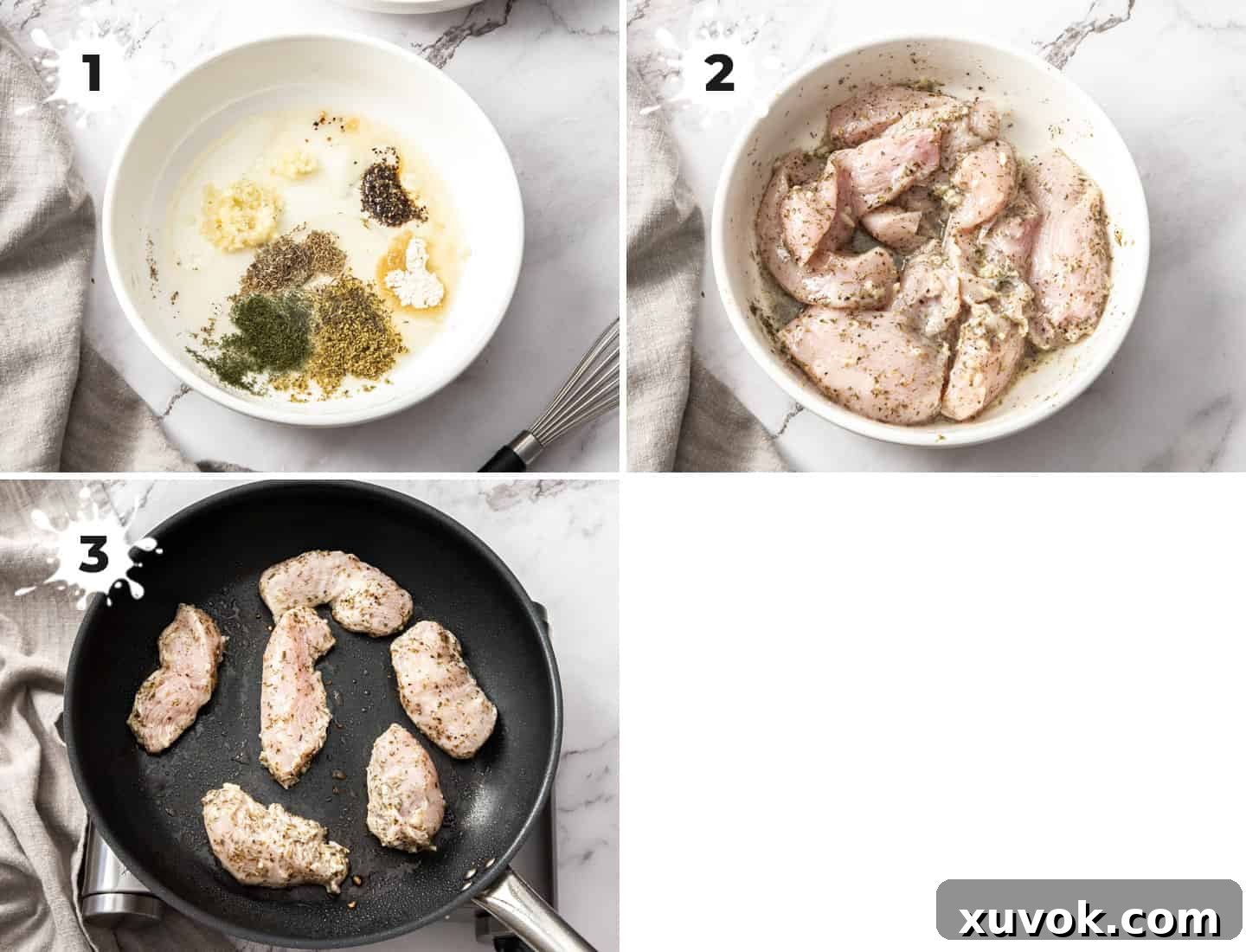 A collage of three instructional images showing the process of making Greek seasoned chicken: first, the marinade ingredients are mixed; second, chicken pieces are added to the marinade; third, the marinated chicken is pan-fried to a golden crisp.