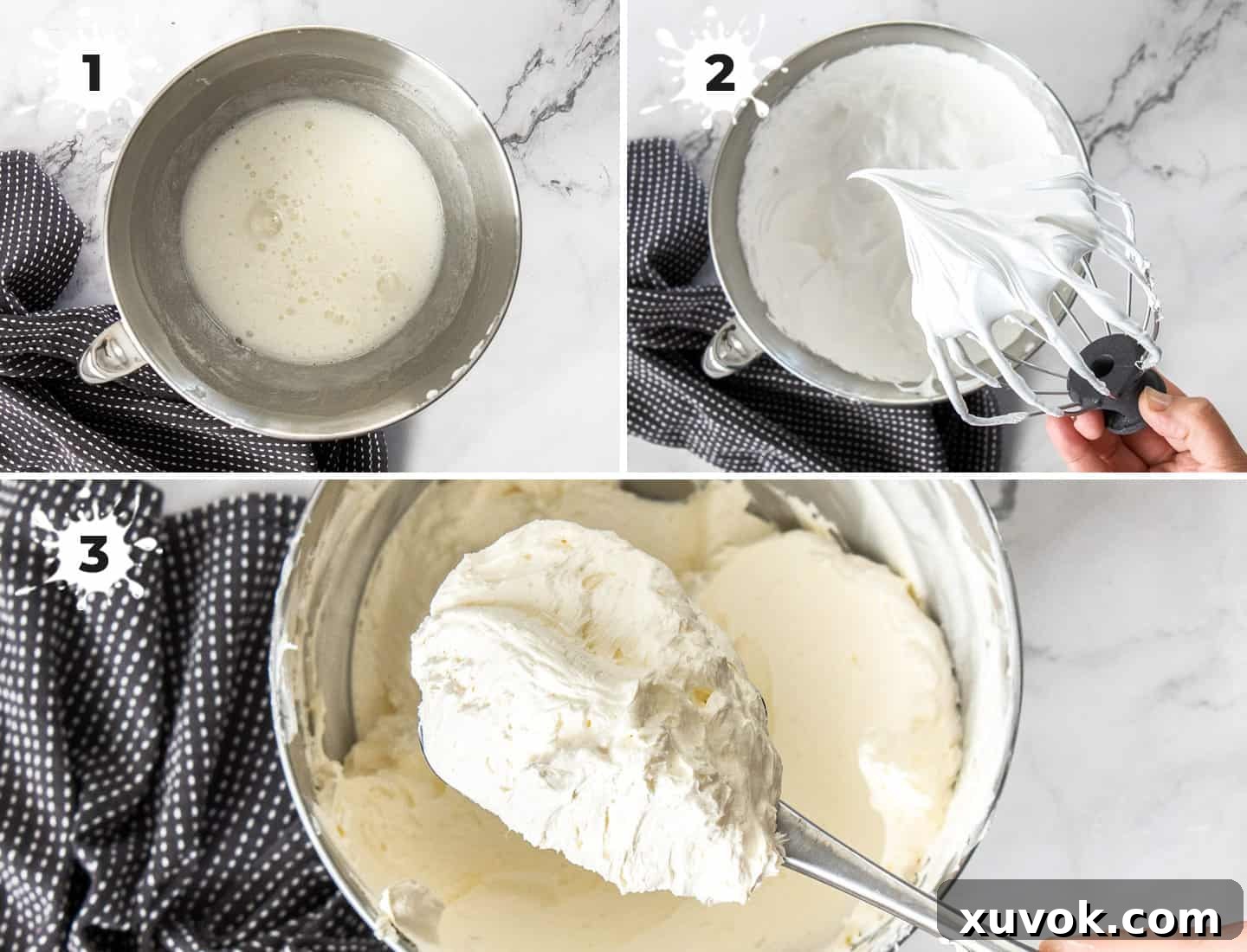 A collage of 3 images showing how to make Swiss meringue buttercream.