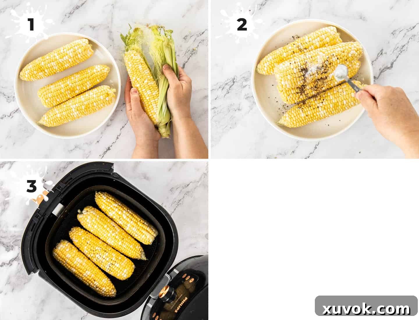 A visual collage showing three stages of preparing air fryer corn: preparing the cobs, seasoning them, and placing them in the air fryer basket.