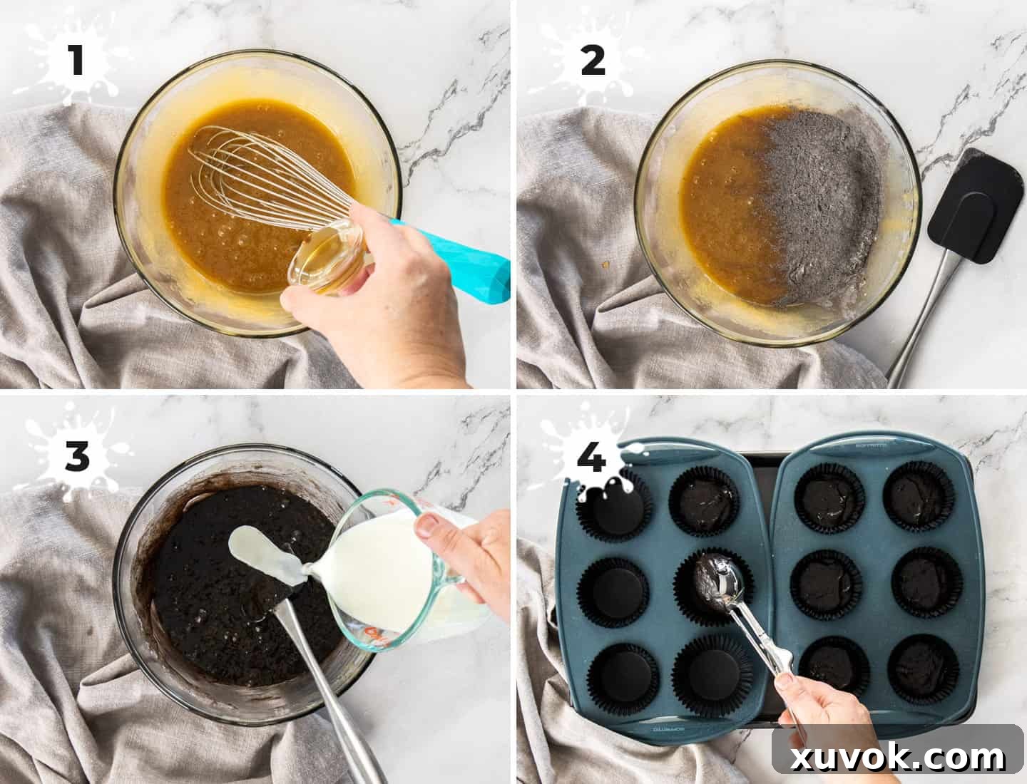 A collage of 4 images showing how to make the cupcake batter. These adorable monster cupcakes are perfect Halloween treats or for birthday parties. Moist and tender dark chocolate cupcakes, topped with a fun, colourful frosting and beady little eyes.