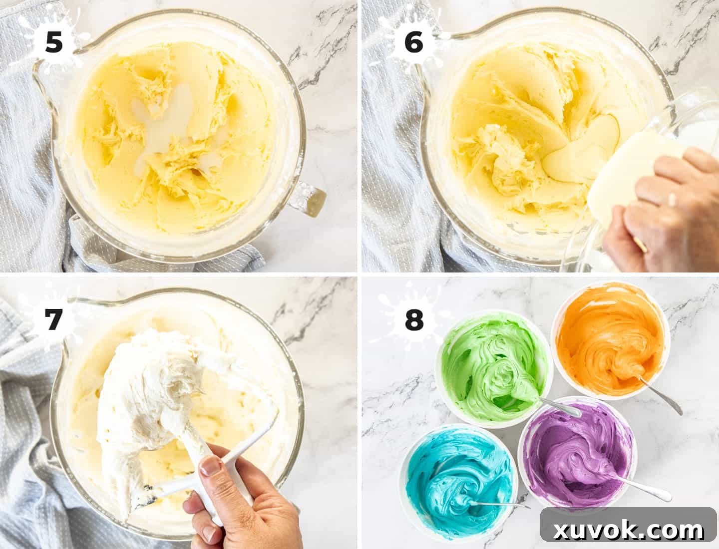 A collage of 4 images showing how to make the whipped white chocolate frosting. These adorable monster cupcakes are perfect Halloween treats or for birthday parties. Moist and tender dark chocolate cupcakes, topped with a fun, colourful frosting and beady little eyes.