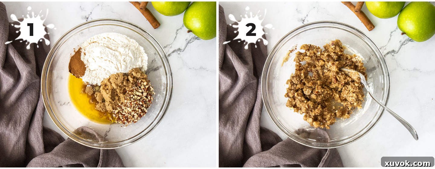 2 images showing how to make the crumble topping, from ingredients to clumpy mixture.