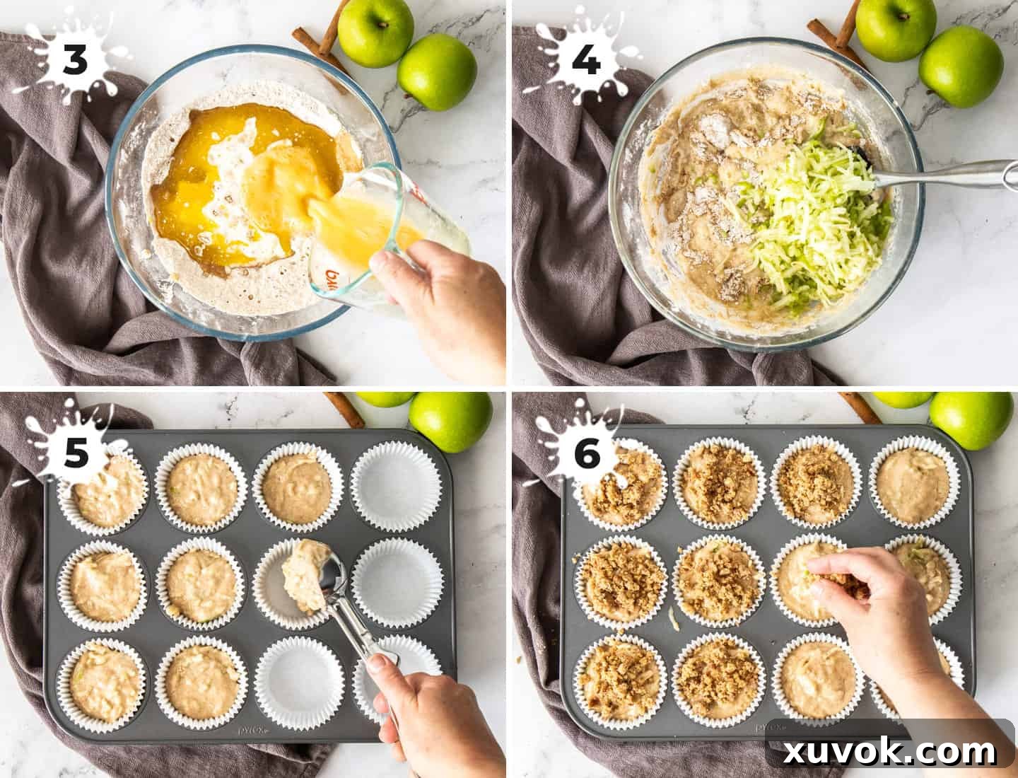 A collage of 4 images showing how to make the muffin batter, from wet ingredients to crumbled top muffins ready for baking.