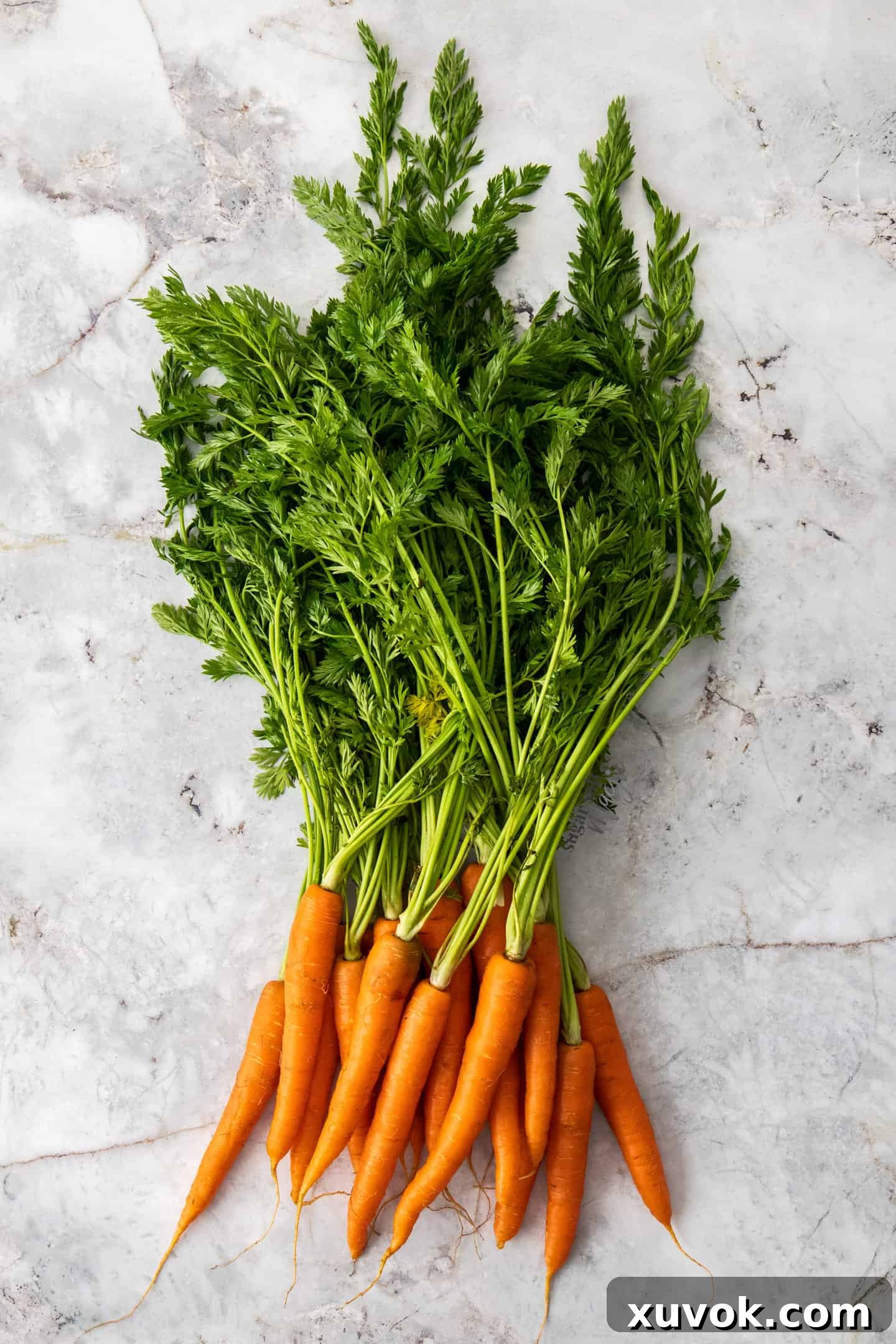 A bunch of dutch carrots on a grey marble worktop.