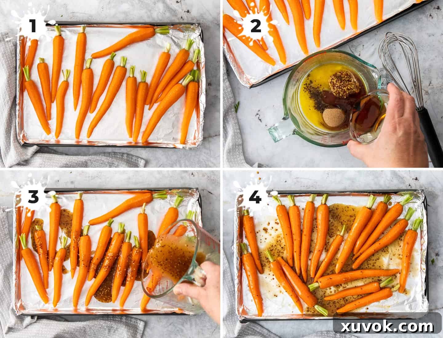 A collage of 4 images showing how to prepare maple roasted carrots.