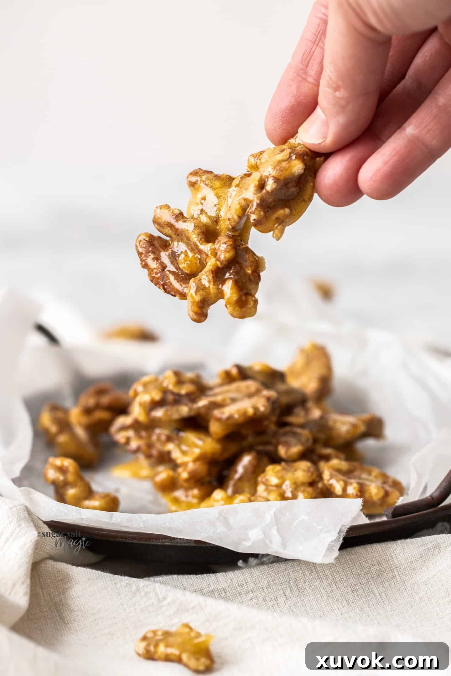 A hand holding a piece of walnut praline.