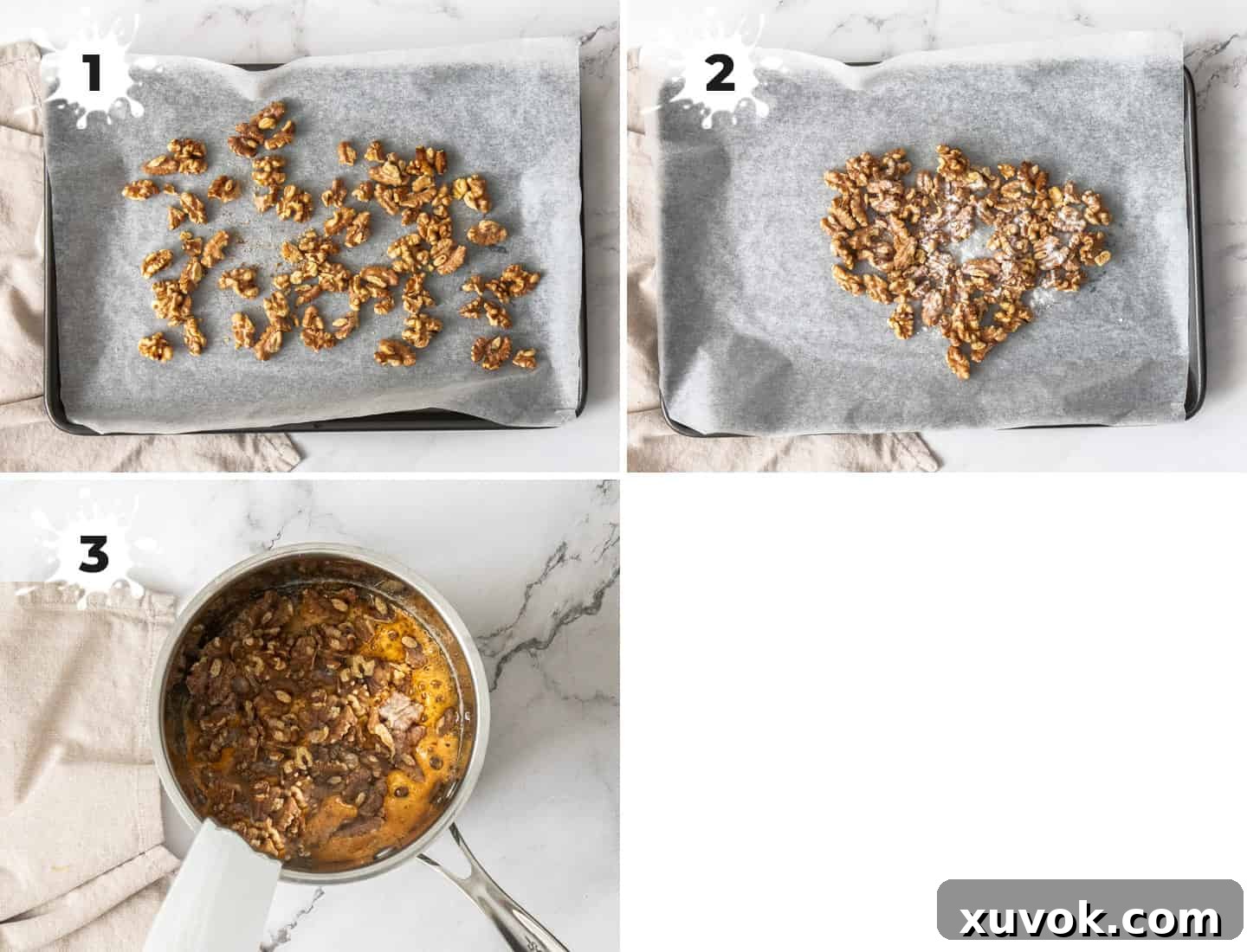 A collage of 4 images showing how to make walnut praline.