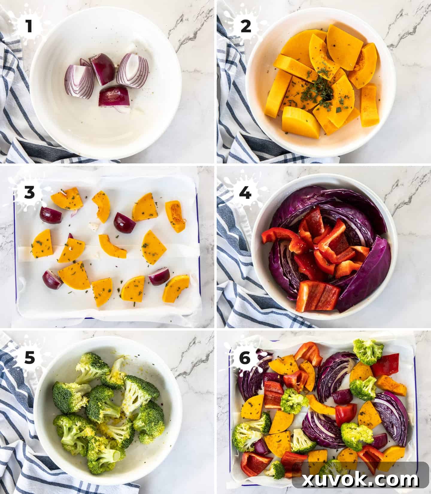 A collage of 6 images illustrating the step-by-step preparation of vegetables for roasting on a sheet pan.