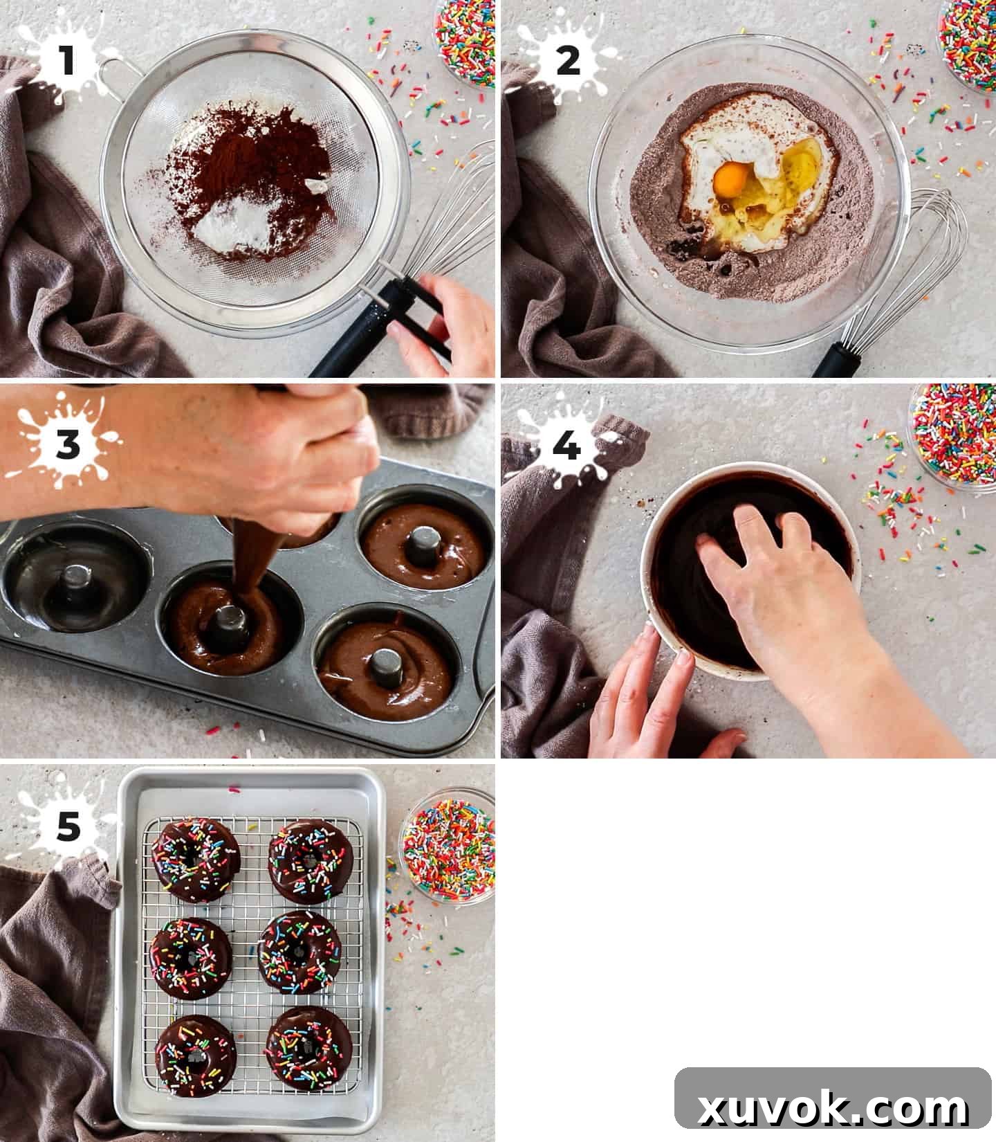 A photographic collage illustrating the five key steps to making chocolate sprinkle donuts, from mixing the batter to dipping in glaze and decorating with sprinkles.