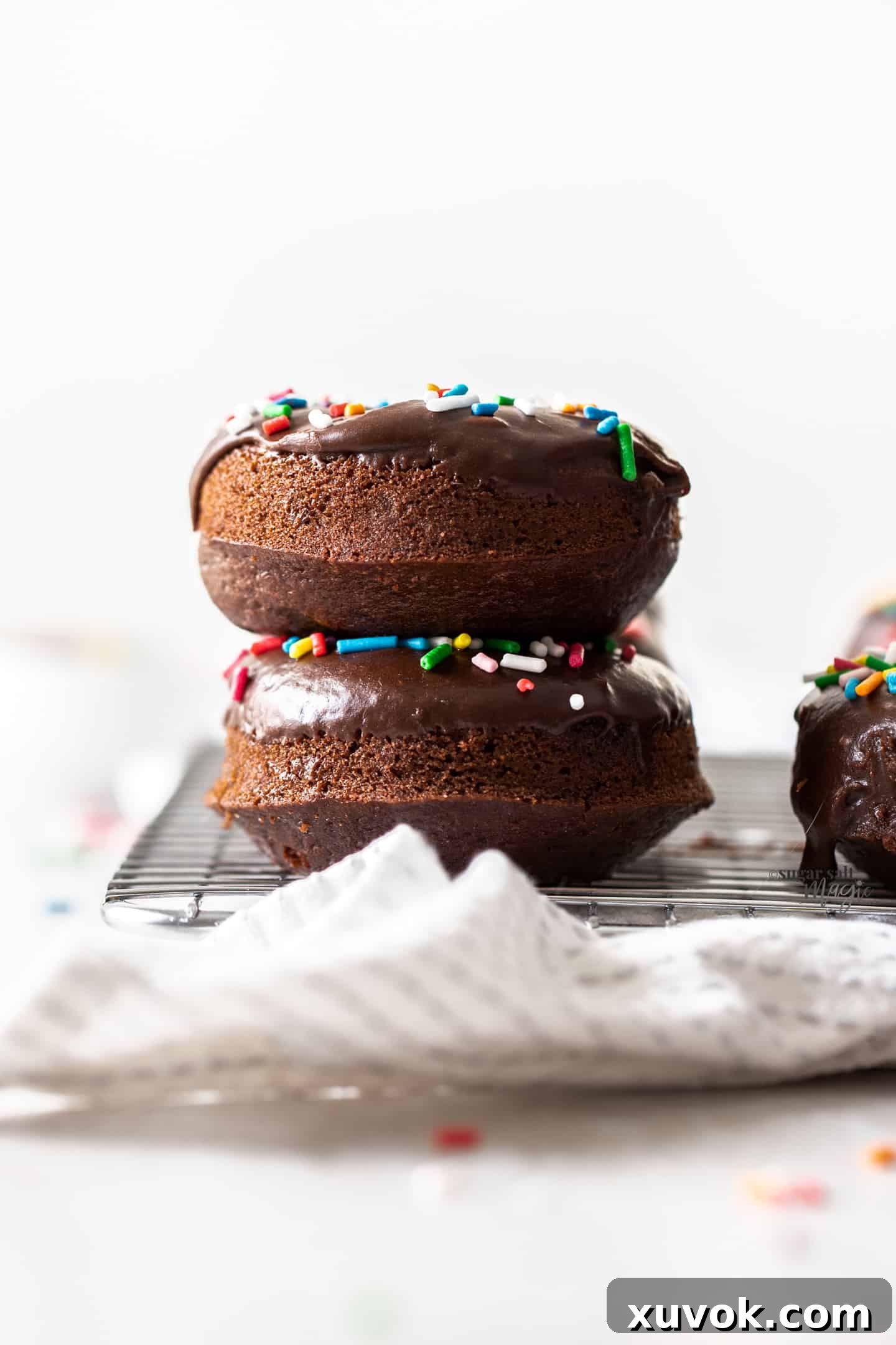 Two perfectly stacked chocolate cake donuts, glistening with chocolate glaze and adorned with colorful sprinkles, showcasing their irresistible charm.