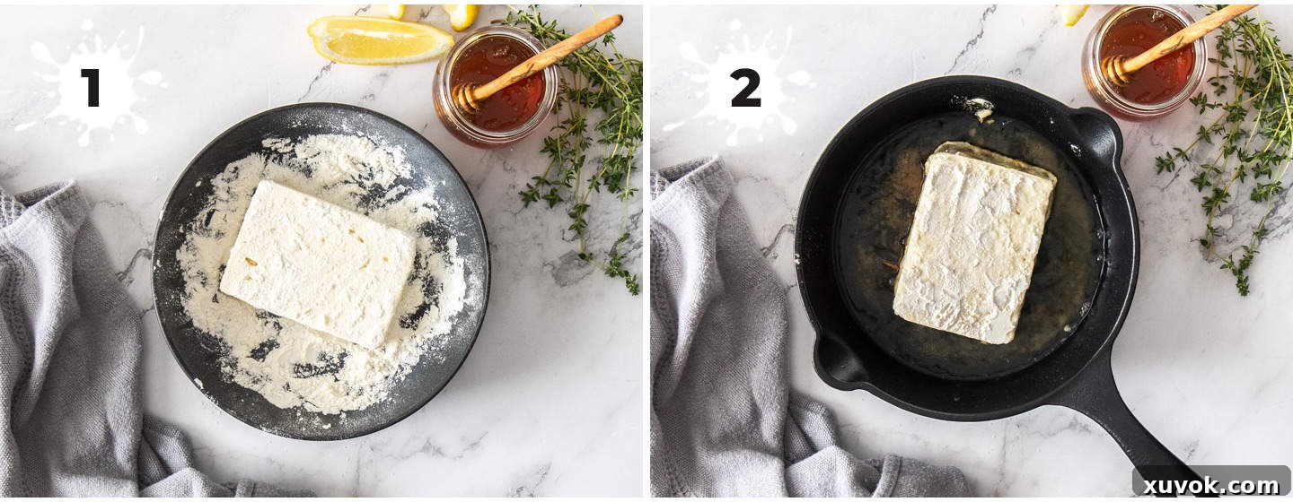 Two images side-by-side: left shows coating a block of feta in flour; right shows the feta frying in a skillet until golden brown.