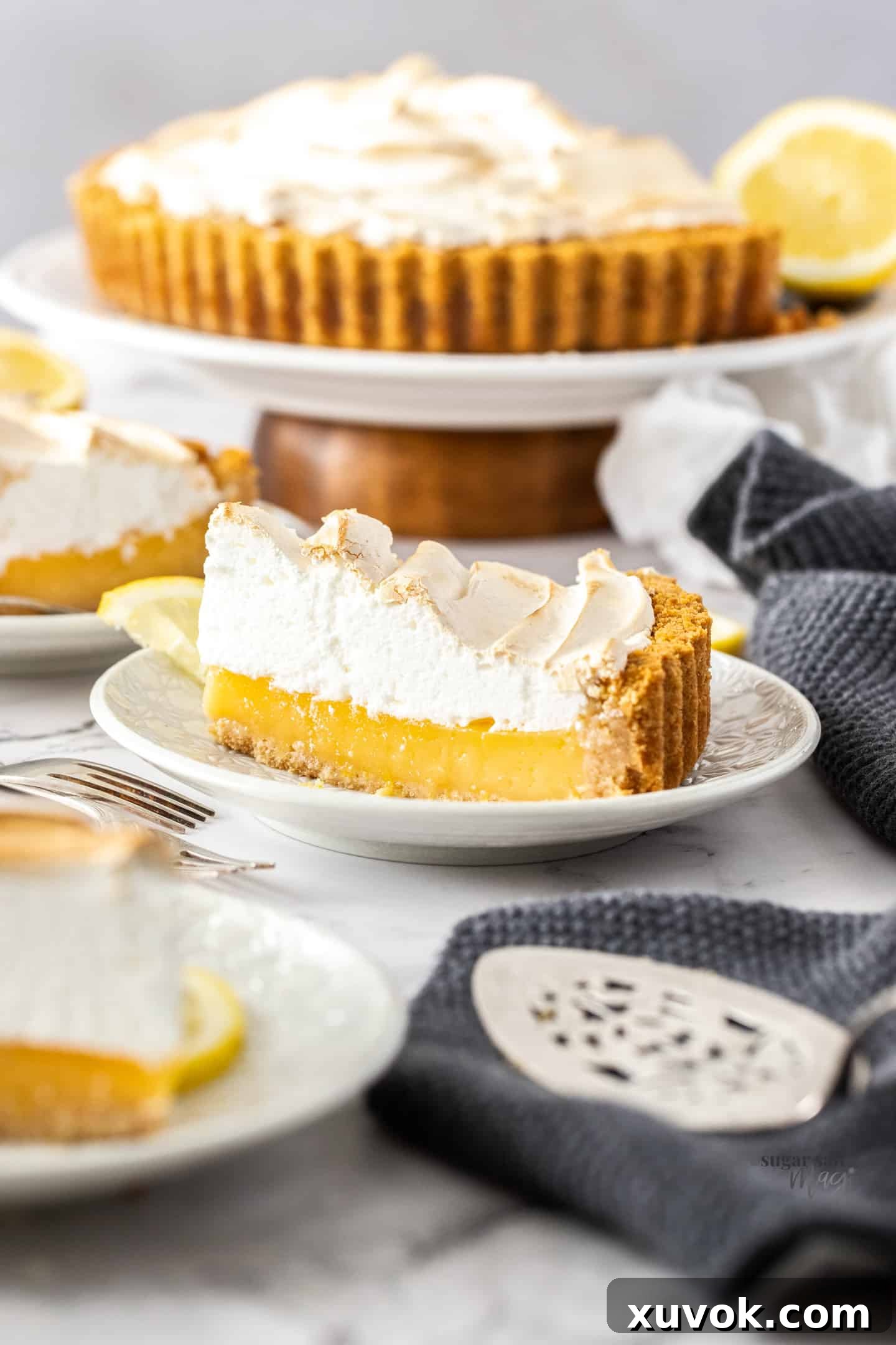 A perfectly sliced piece of biscuit base lemon meringue pie sitting on a dessert plate, with the rest of the golden-toasted pie blurred in the background, showcasing its distinct layers.