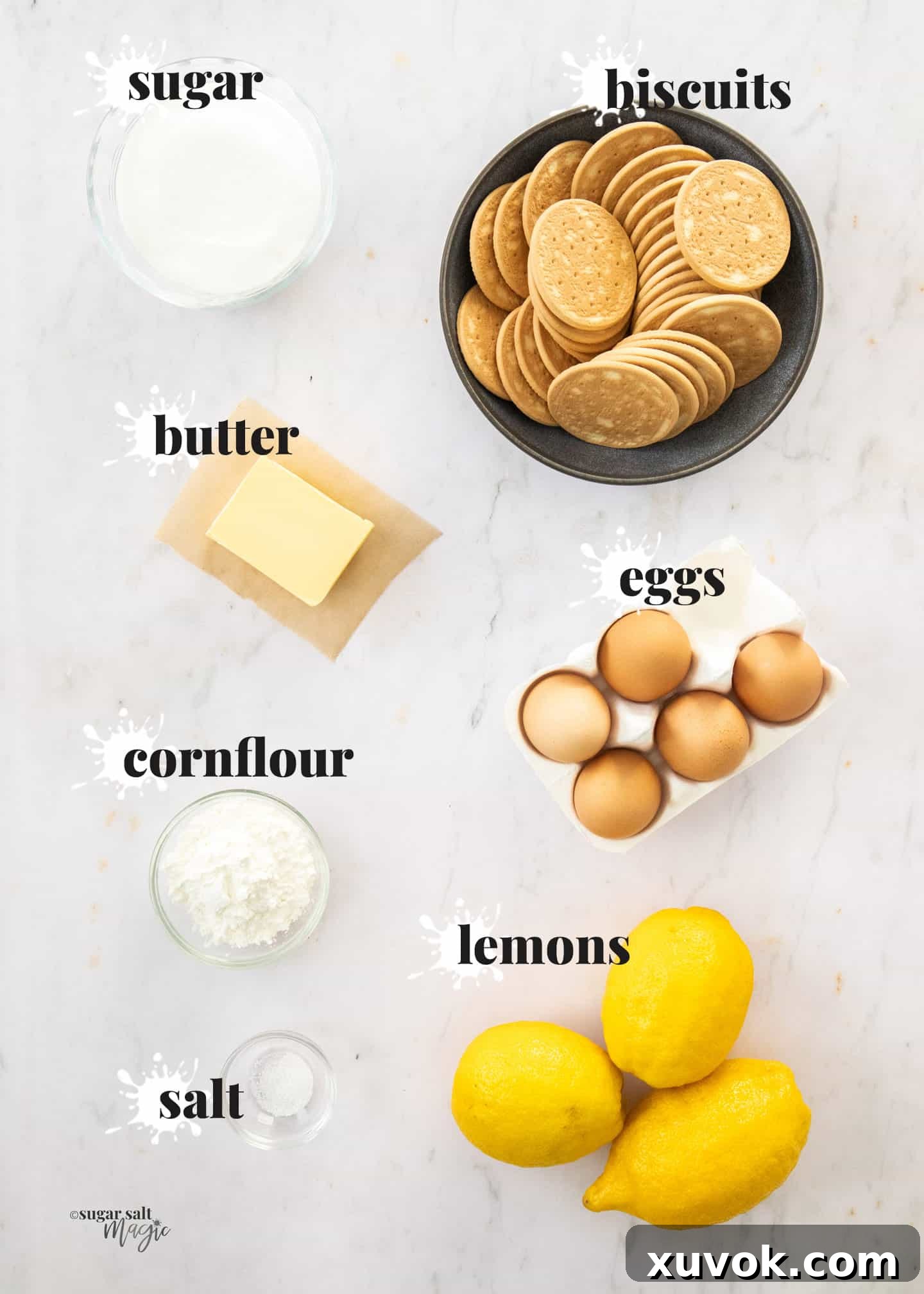 All the fresh ingredients for lemon meringue pie, including lemons, eggs, butter, sugar, and biscuits, arranged on a white marble surface.