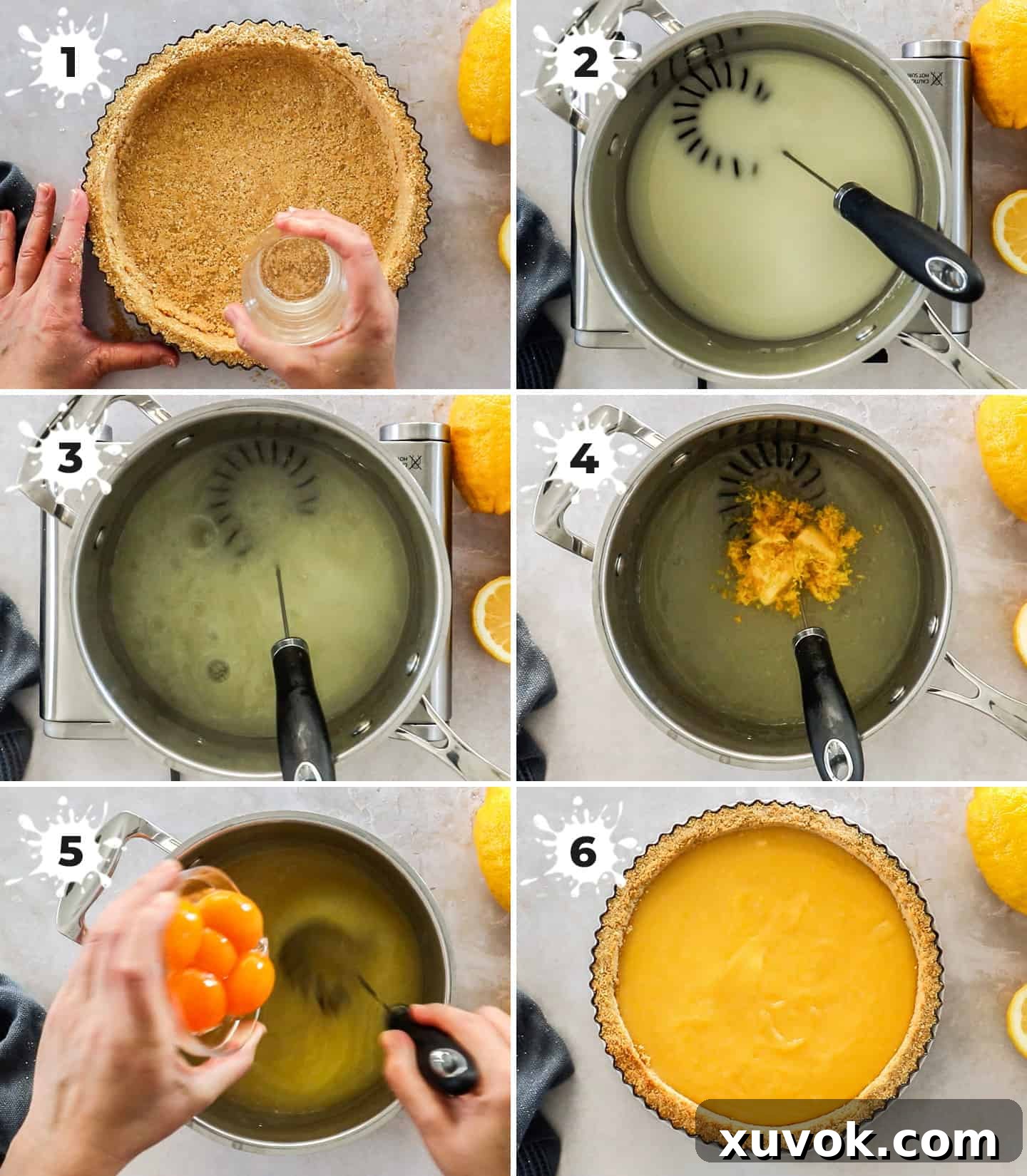 A six-image collage illustrating the process of making the biscuit base and the lemon filling for the pie.
