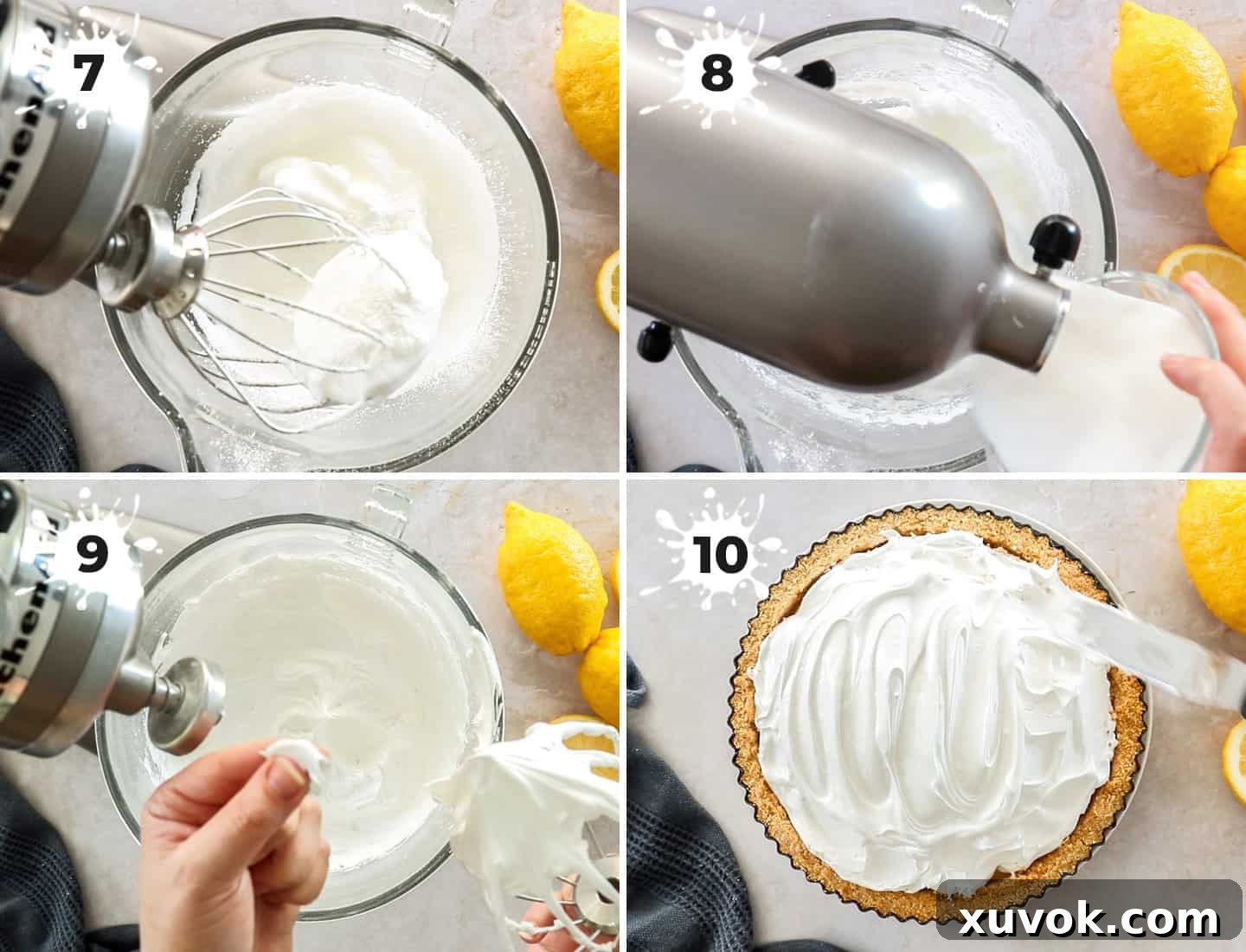 A four-image collage showing the process of making the fluffy meringue topping for the lemon meringue pie.
