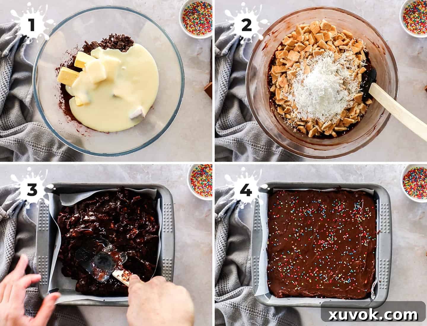 A collage of 4 images showing the steps to make hedgehog slice: melting ingredients, mixing with biscuits, pressing into a tin, and topping with ganache.