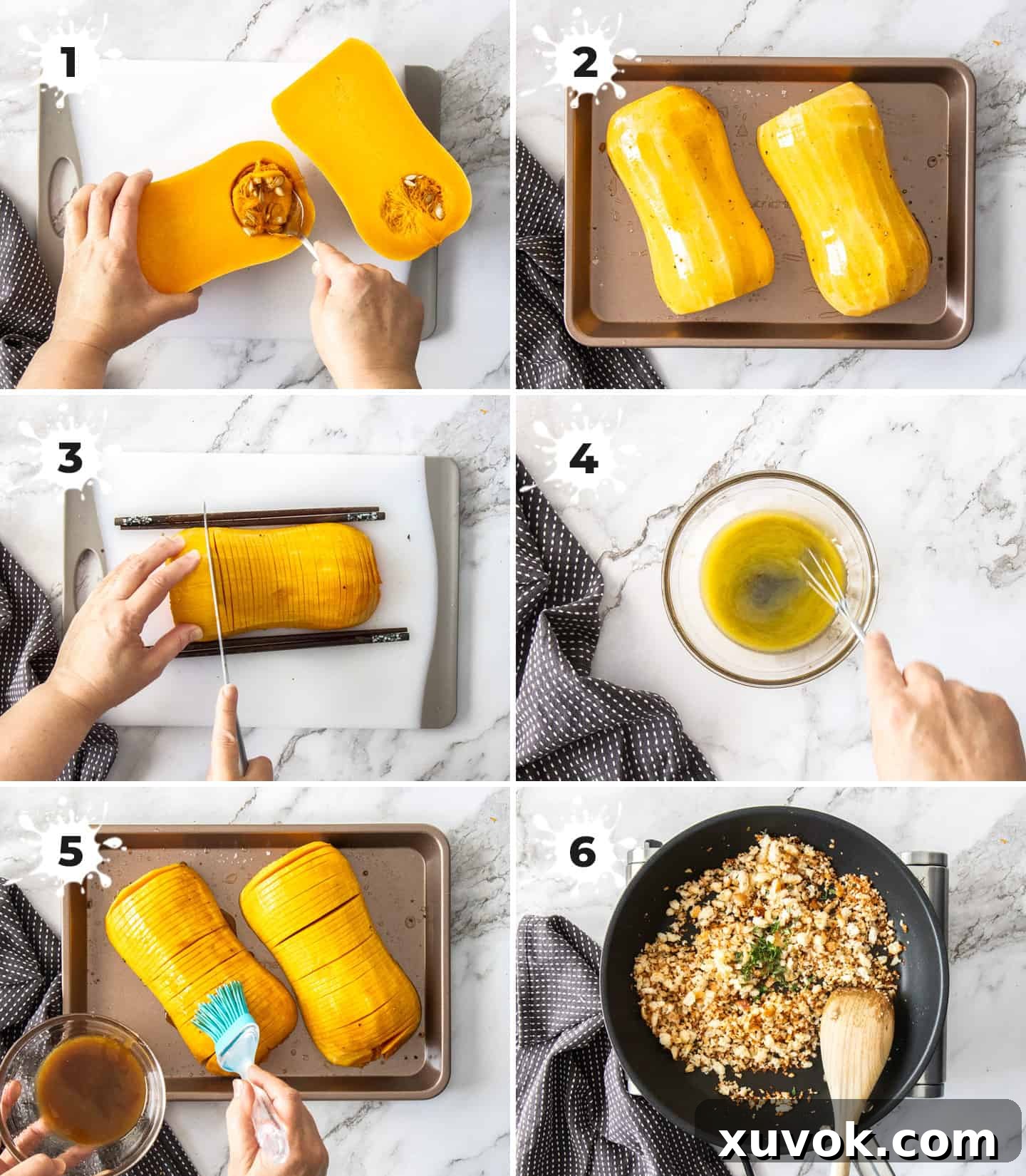 A visual collage of 6 images detailing the step-by-step process of preparing hasselback butternut squash, from cutting to initial roasting.