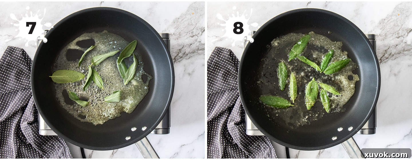 Fresh sage leaves being fried in a pan until crisp and aromatic, demonstrating the perfect technique for achieving golden-brown perfection.