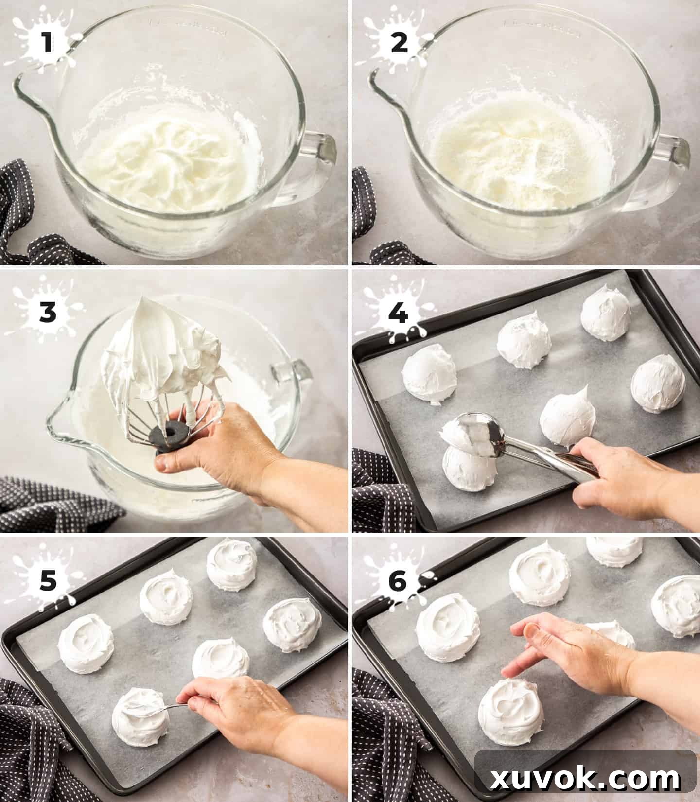 A collage of 6 images demonstrating the step-by-step process of making mini pavlova shells, from egg separation to baking.