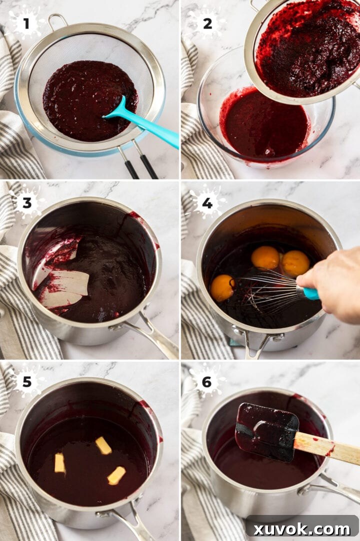 Six sequential images demonstrating the process of making homemade blackberry curd, from heating berries and straining puree to incorporating butter and achieving the final thick consistency, ensuring a visual guide for every step.