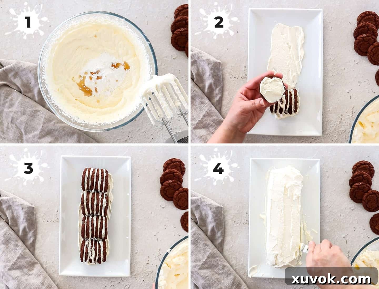 A four-image collage demonstrating the steps to make a choc ripple cake: whipping cream, assembling biscuit stacks, arranging them on a platter, and covering the entire cake with cream.