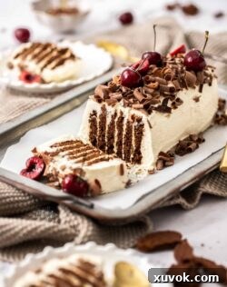 A choc ripple cake topped with chocolate and cherries.