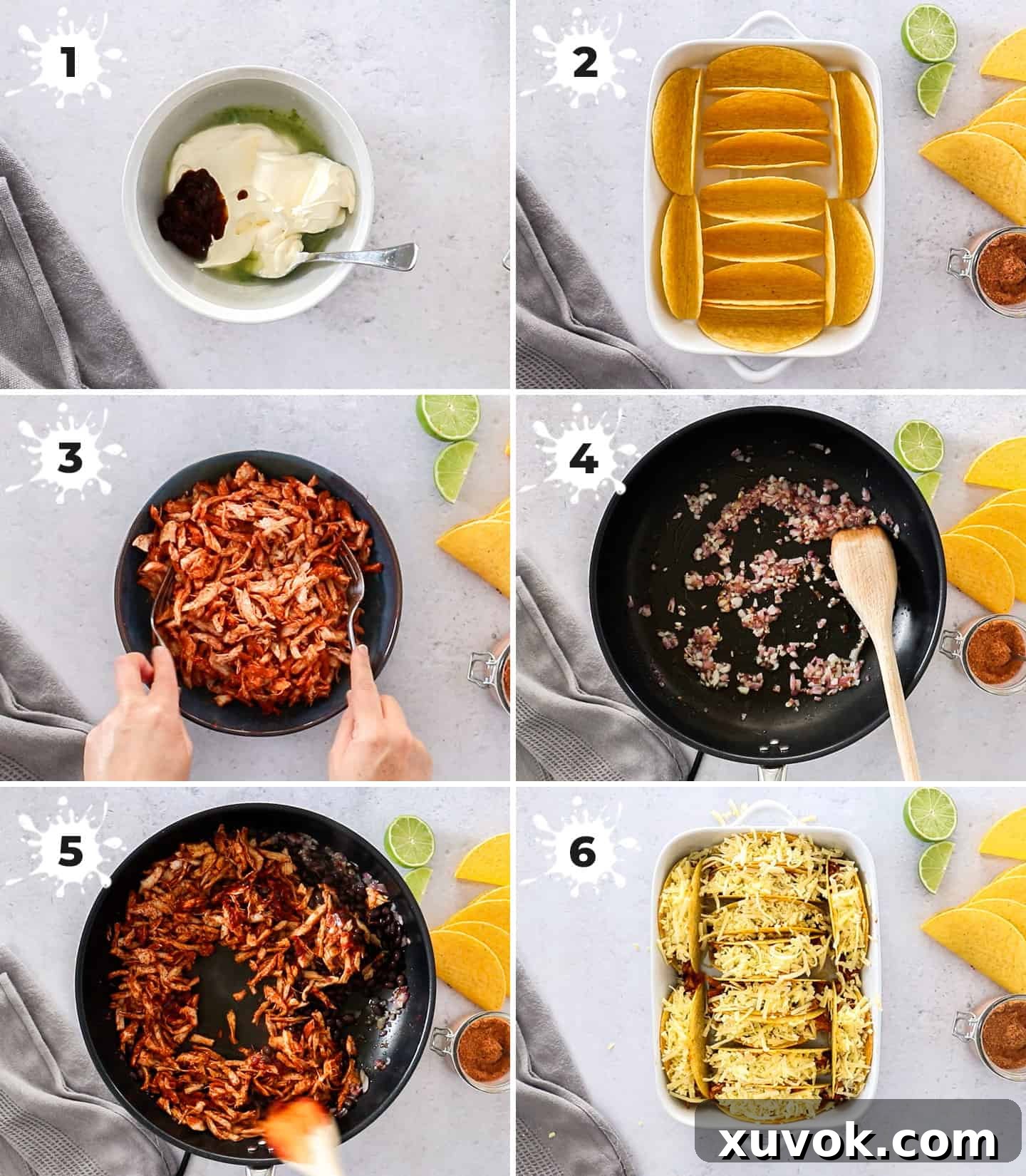 A collage of 6 images depicting the sequential steps of preparing baked chicken tacos, from making crema to filling shells.