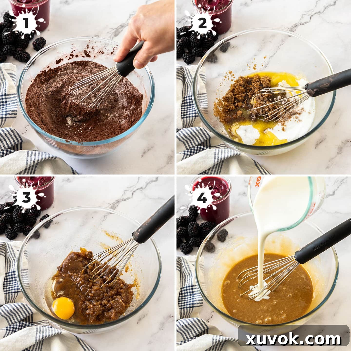 A visual guide showing four sequential images of the chocolate cake batter being prepared in a mixing bowl, illustrating the easy mixing process.
