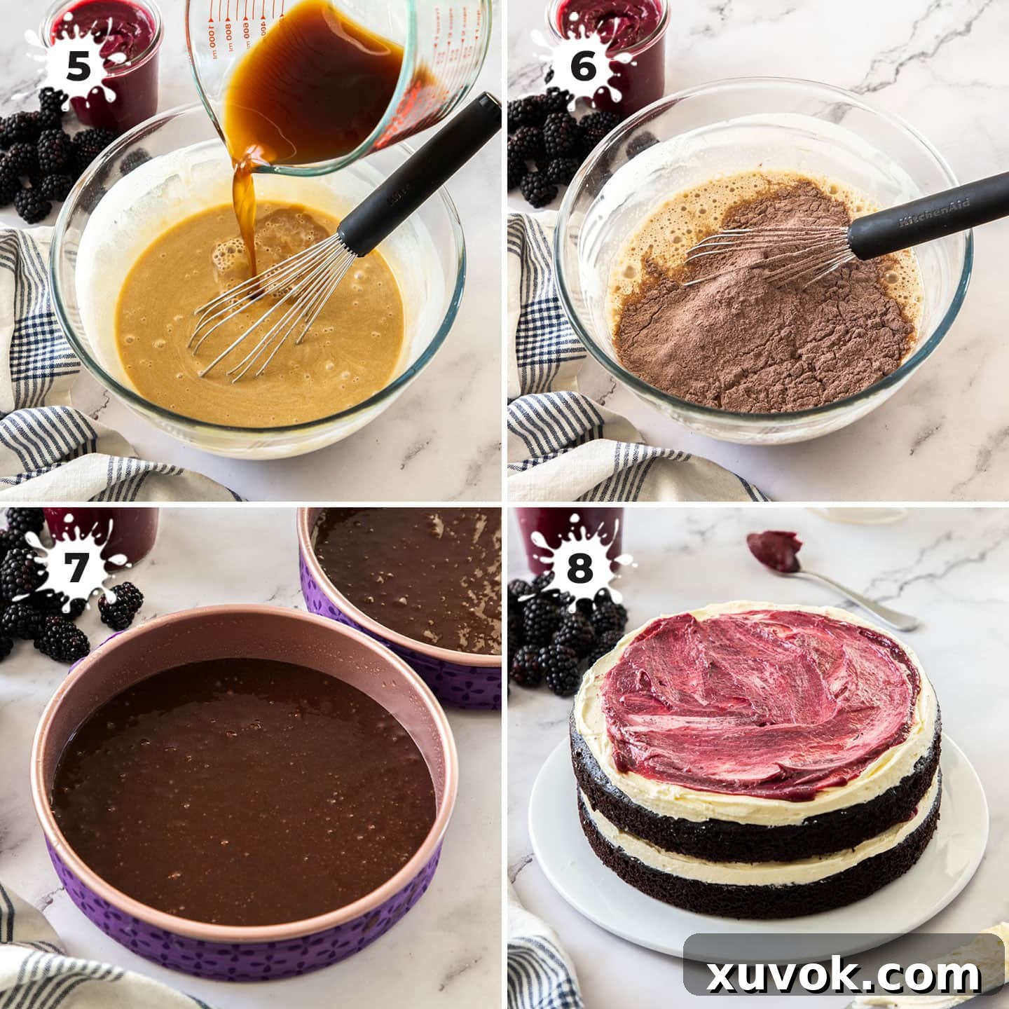 A series of four images illustrating the sequential steps of making and assembling a chocolate cake, from mixing the batter to layering the cake.