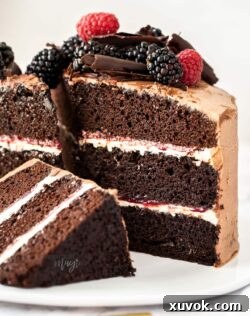 Closeup of the inside of a 3 layer chocolate cake
