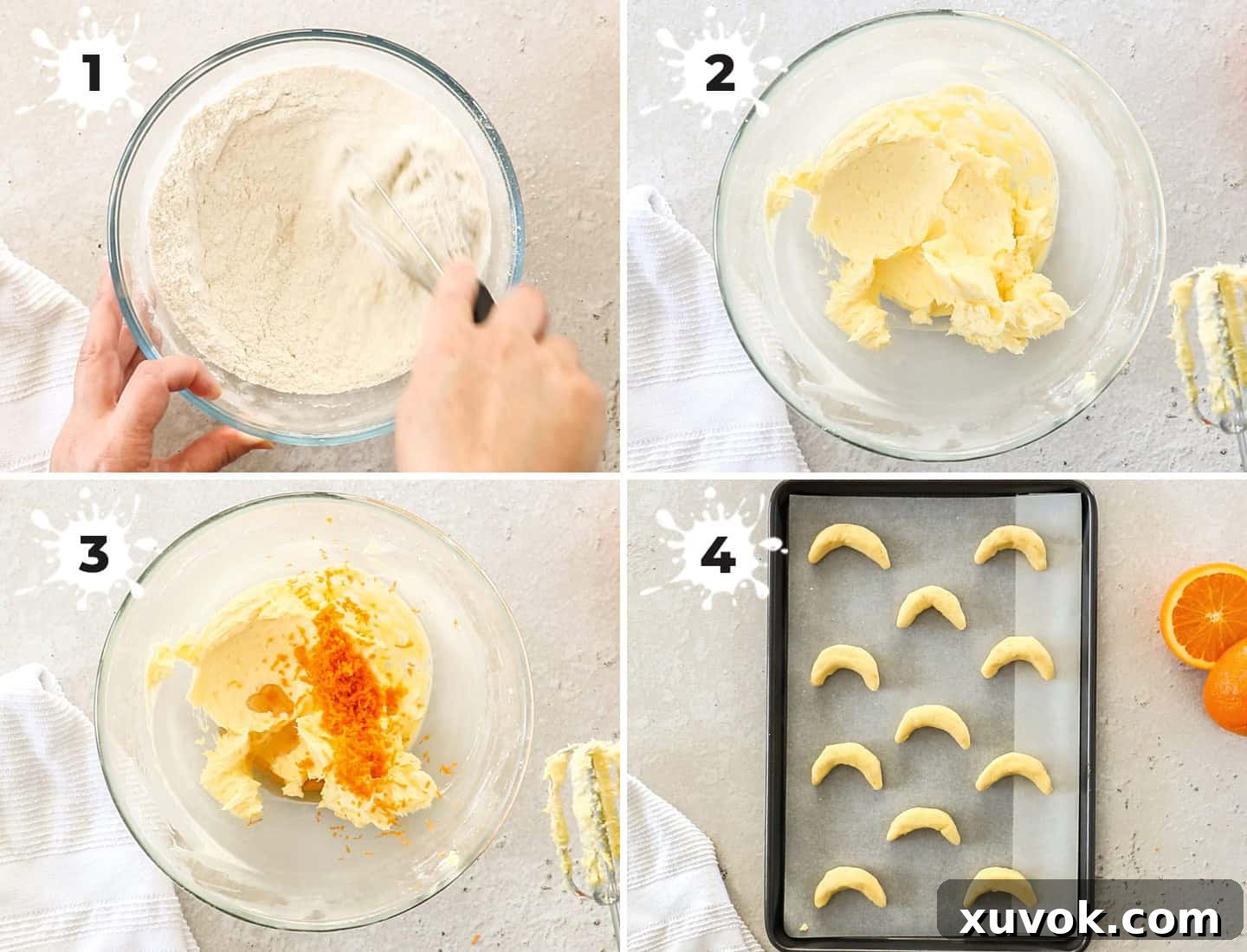 A four-panel collage illustrating the step-by-step process of making orange almond crescent cookies, from mixing ingredients to shaping the dough, providing clear visual instructions.