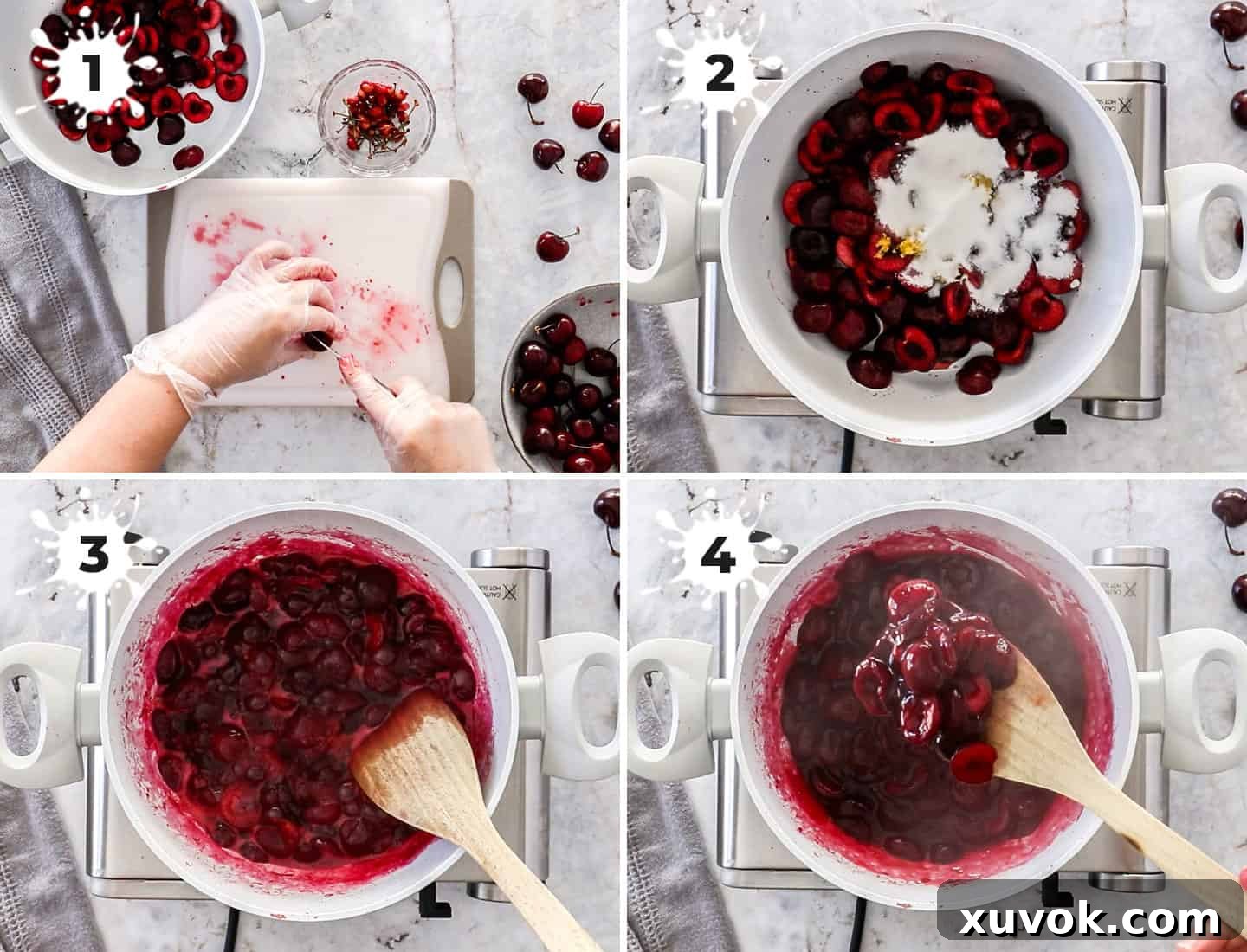 A collage of 4 images showing how to cook the cherries: pitting, combining ingredients, simmering, and thickening the sauce.