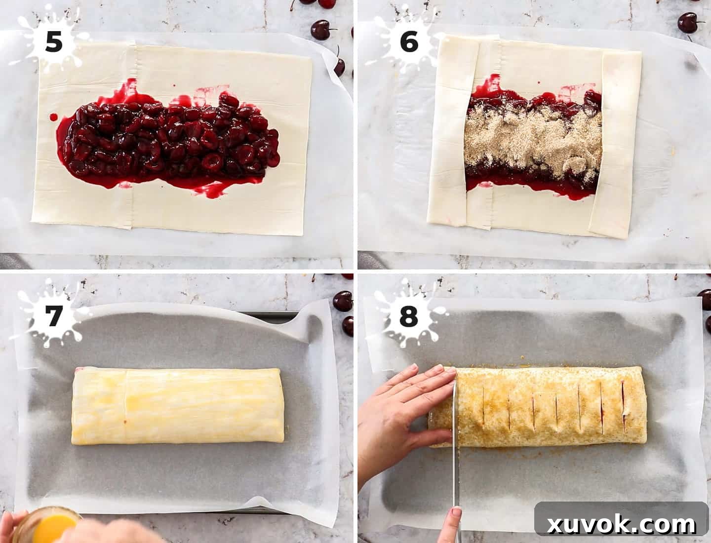 A collage of 4 images showing how to fill and roll the strudel: laying out pastry, adding filling, folding short ends, and rolling the strudel.