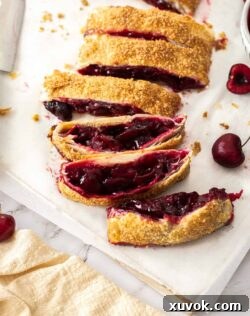 Top down view of a cherry strudel cut into slices, showing the golden pastry and juicy cherry filling.