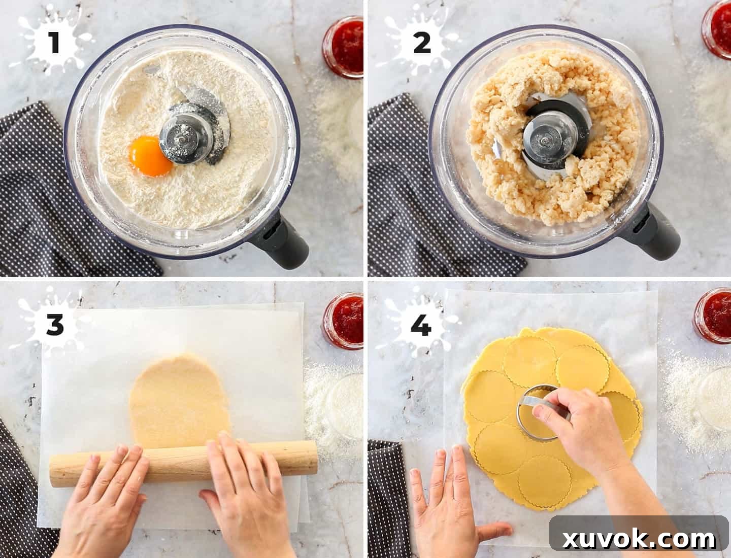 A collage of 4 images showing how to make shortcrust pastry, from mixing ingredients to rolling out the dough.