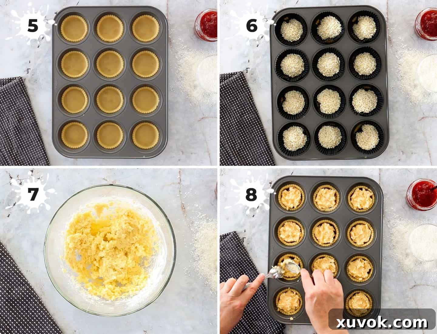 A collage of 4 images showing how to assemble and bake coconut tartlets.