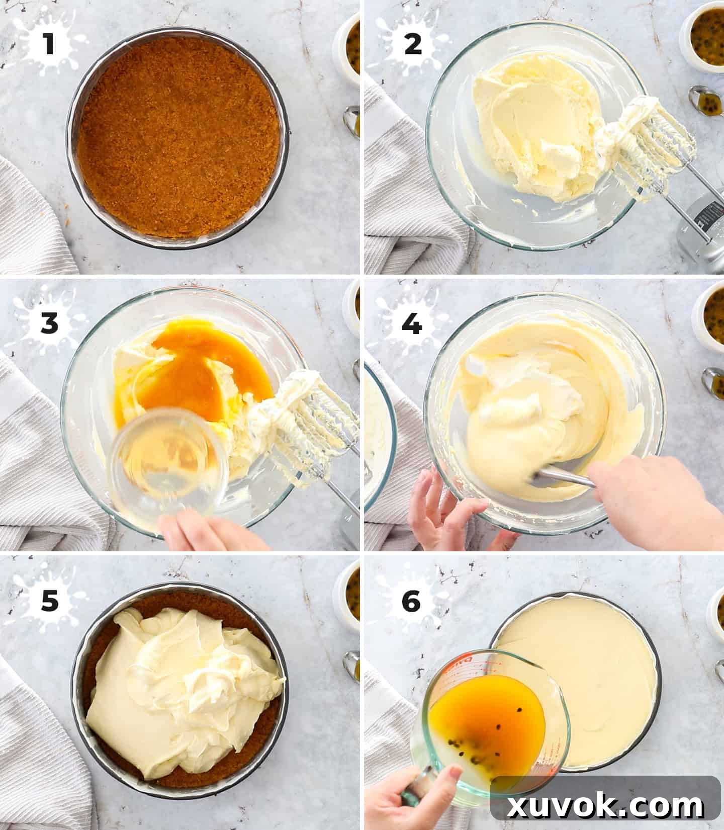 A collage of 6 images illustrating the step-by-step process of making a no-bake passionfruit cheesecake, from preparing the crust to assembling the layers.