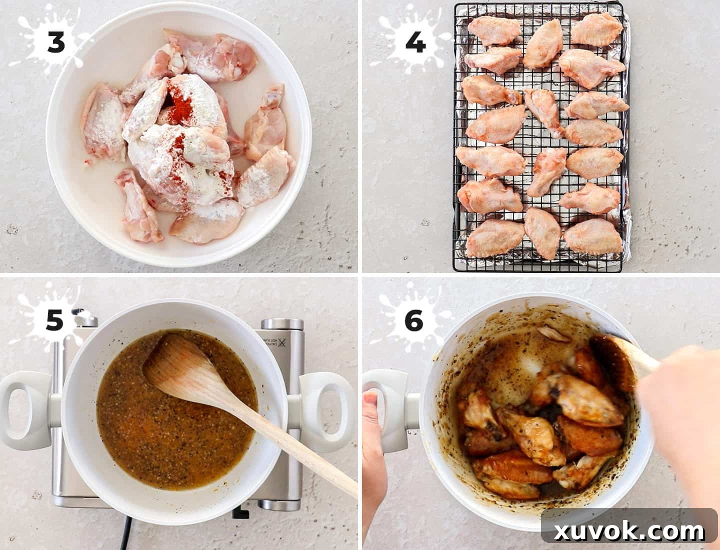 A four-panel collage illustrating the steps to bake honey lemon pepper wings: cutting, seasoning, baking, and saucing.