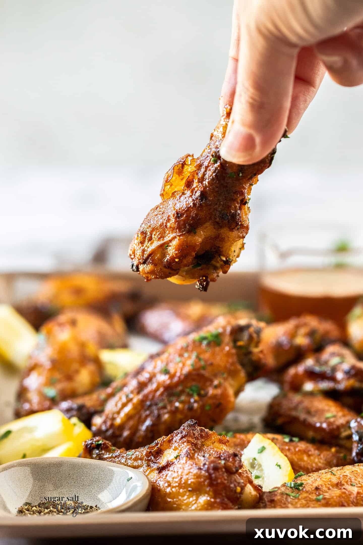 A hand holding a golden baked chicken drumette, showcasing its crispy skin and sticky sauce.