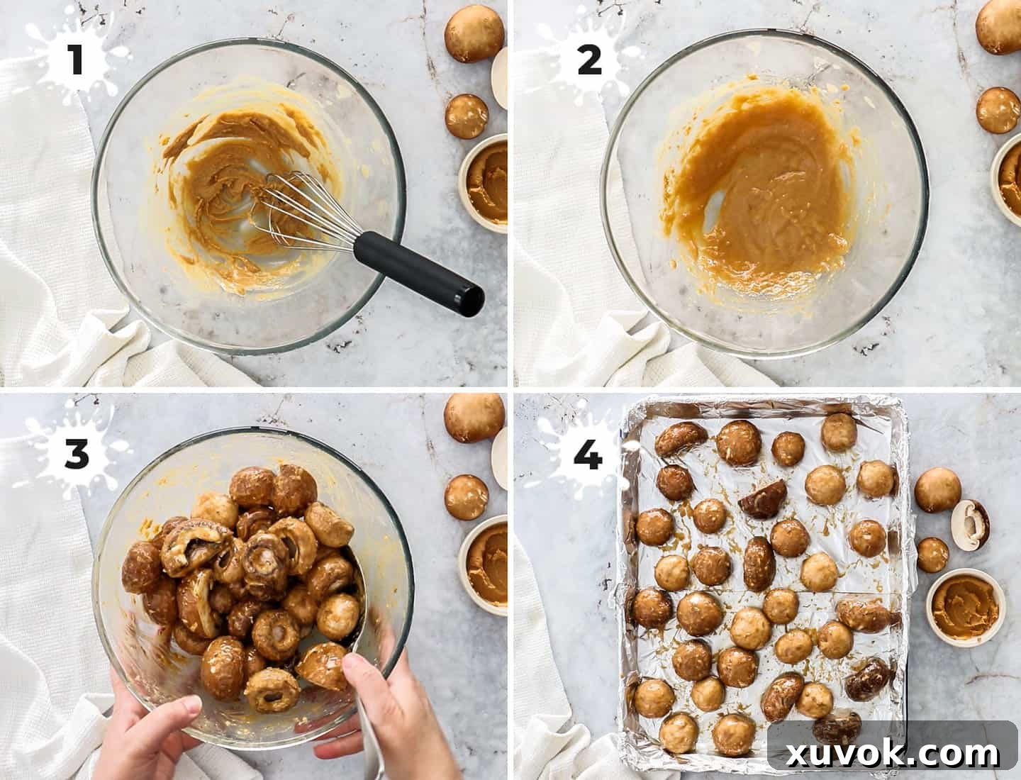A four-image collage demonstrating the steps to make miso mushrooms, from mixing the marinade to coating and roasting.