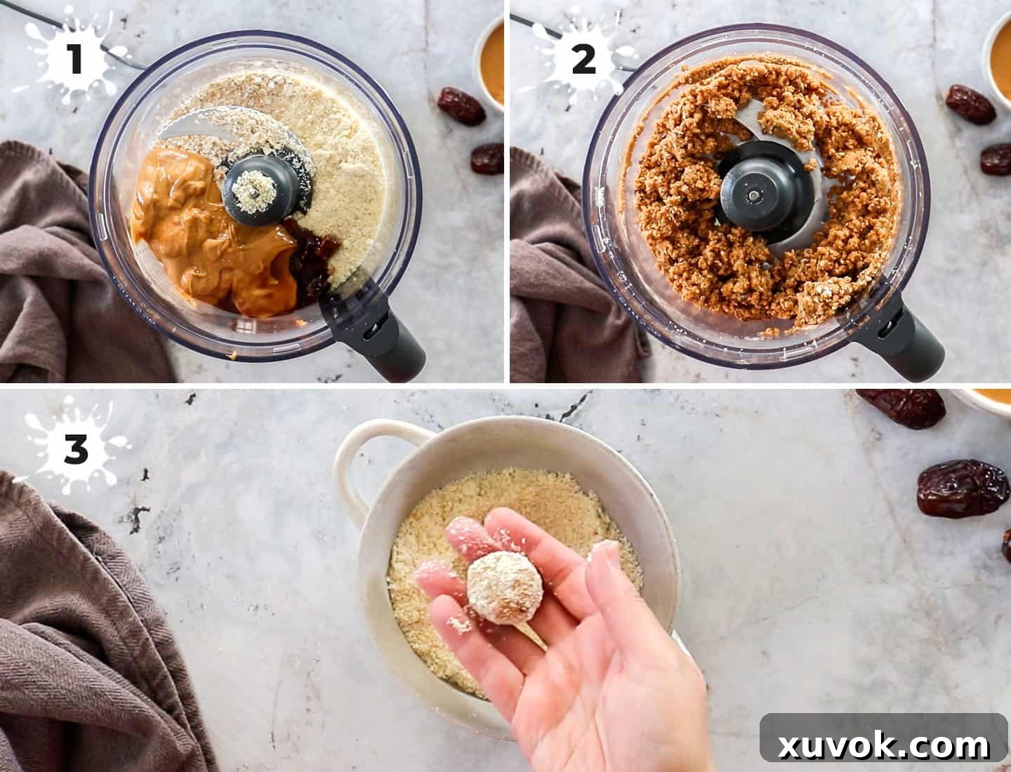 A collage of 3 images showing how to make peanut butter bliss balls: blending ingredients, rolling into balls, and finished product.