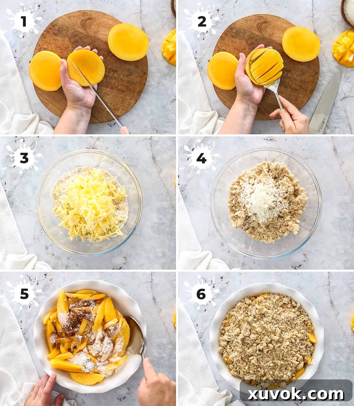 A detailed six-image collage illustrating the process of making coconut mango crumble, from cutting mangos to mixing ingredients and assembling the crumble in a pie dish, guiding the baker through each crucial step.