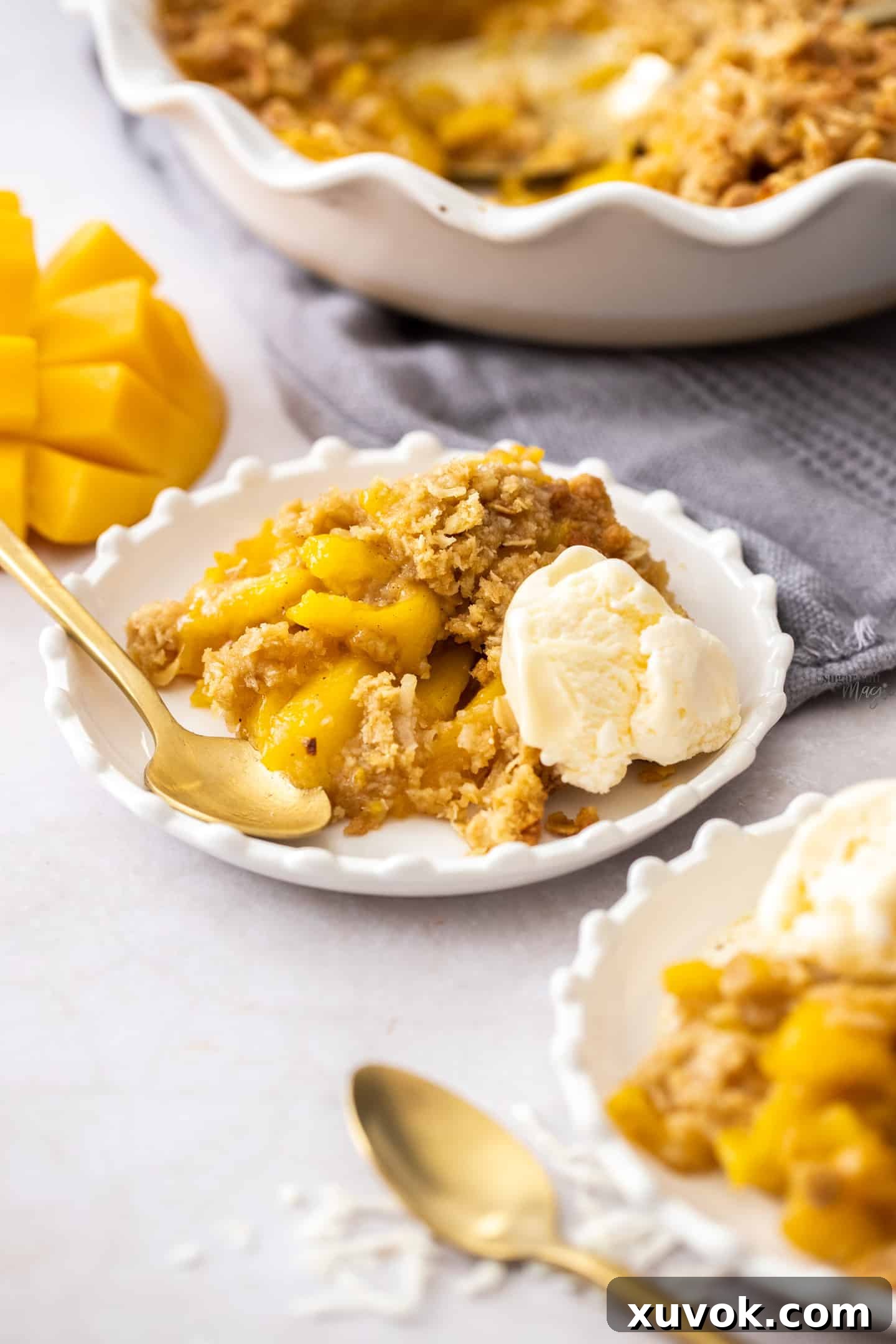 A small, inviting dessert plate brimming with warm coconut mango crumble, adorned with a scoop of melting vanilla ice cream, creating a perfect balance of warmth and coolness.